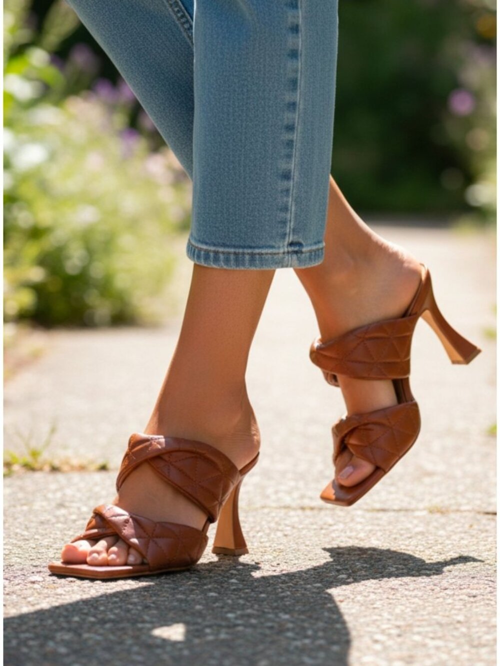 Quilted Tan Faux Leather Heeled Sandals With Square Toe & Padded Straps - Elegan